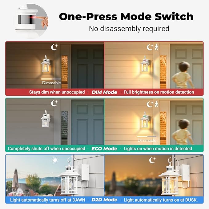 White Outside Lights for House with GFCI Outlet, 3 Modes Motion Sensor Porch Light with Outlet, Aluminum Dusk to Dawn Exterior Lighting Fixtures, for House, Porch, Garage