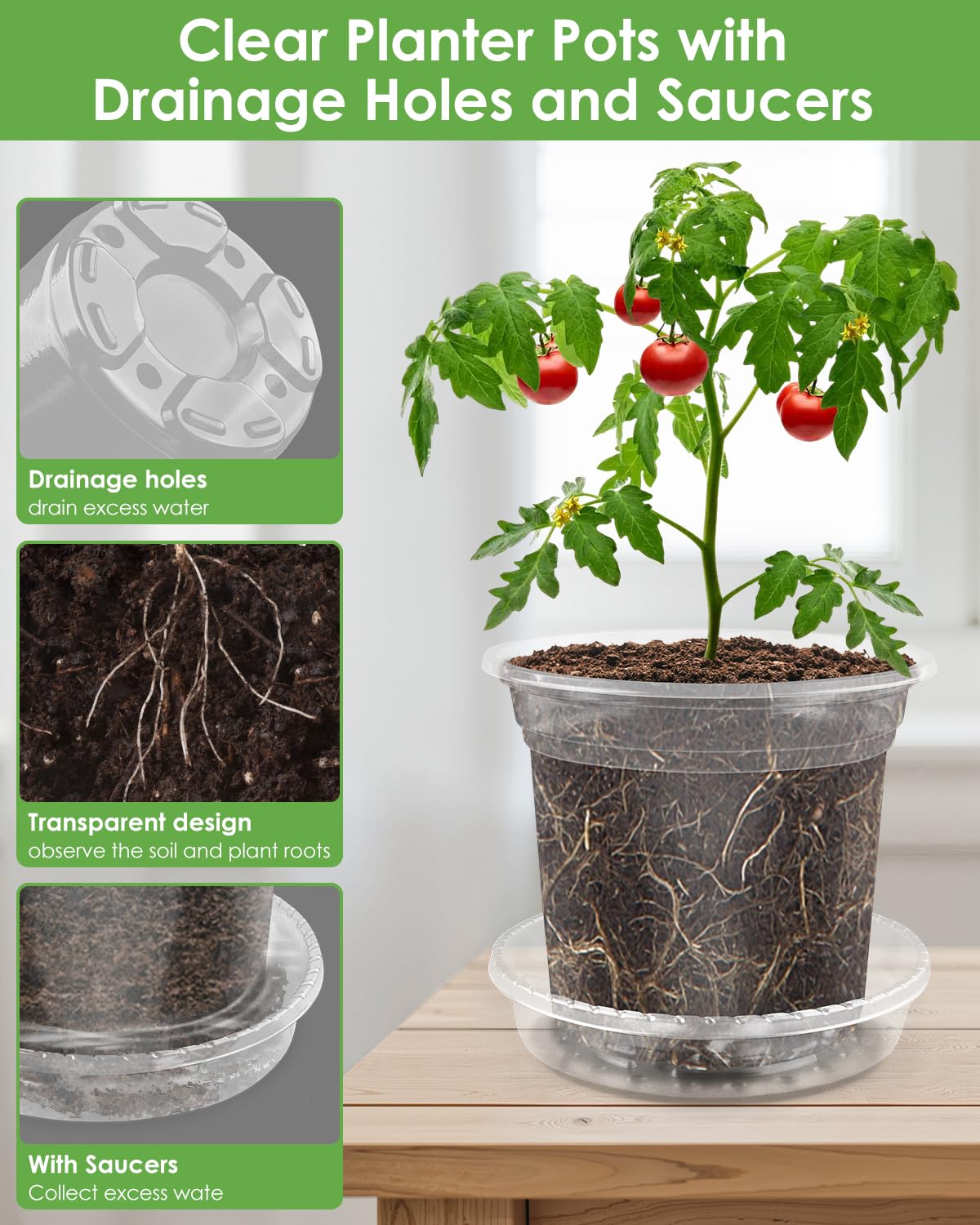 PACETAP 20Pack 6.5/5/4 Inch Reinforced Clear Nursery Pots with 20Pack Sacuers, Thickened Plastic Plant Pots with Drainage Holes, Transparent Plants Seed Starter Pot for Indoor Outdoor Garden