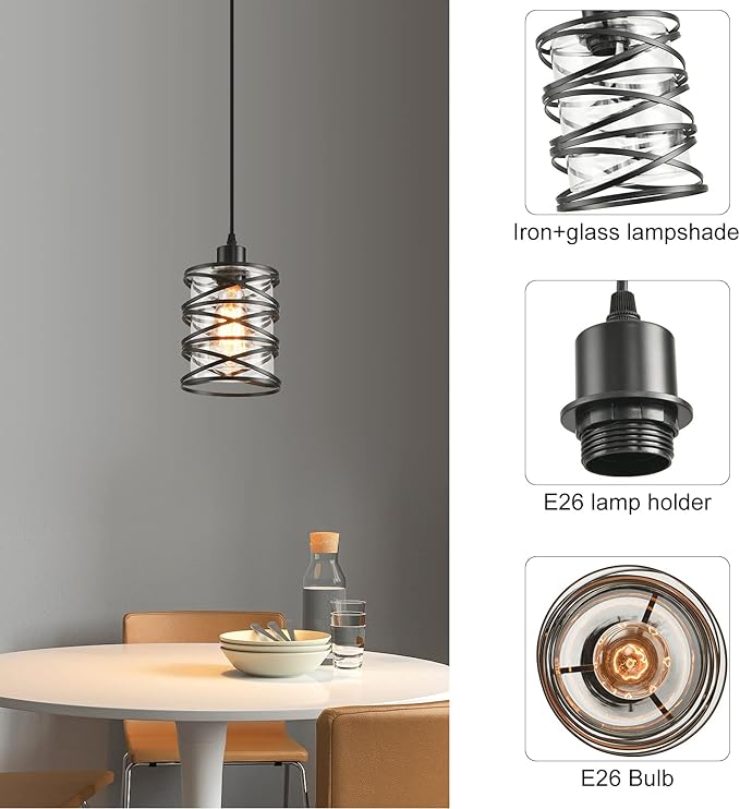 3 Pack Pendant Light Kitchen Island Pendant Lighting, Glass Hanging Light with Spiral Cage Clear Glass Shade, Black Modern Indoor Hanging Lamp