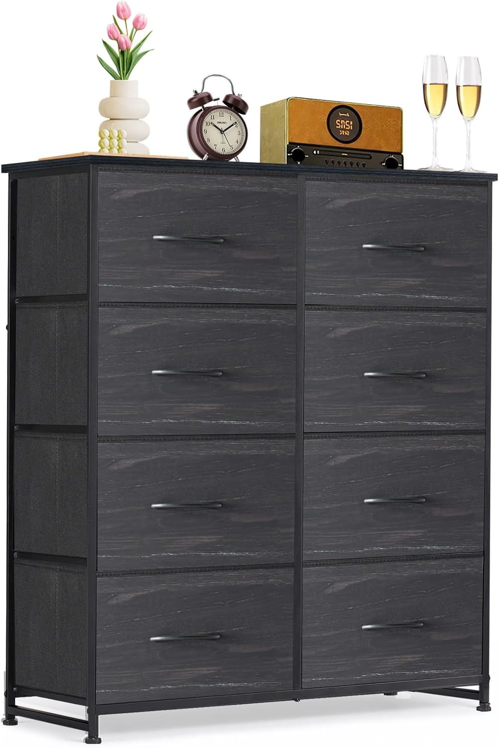 Regine Switzerland 8-Drawer Dresser - Anti-Tip Tall Storage Organizer with Wooden Top & Metal Frame | Charcoal Black