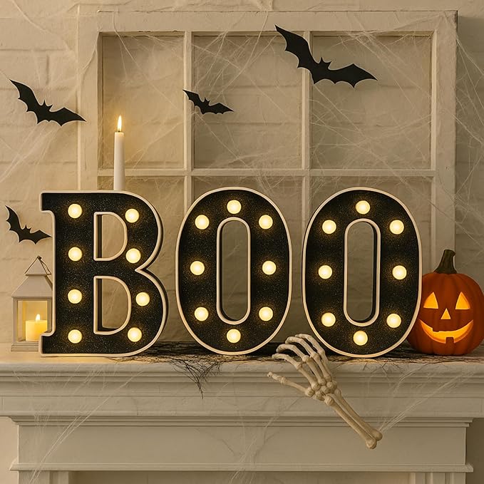 Baquler 3 Pcs Halloween Boo Decorations Light up Boo Sign Marquee LED Letters Lights Decor for Halloween Outdoor Home Room Kitchen Fireplace Tabletop Party Supplies (Black)