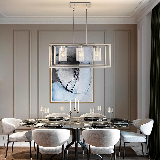 Kalium Chandeliers for Dining Room, 3 Light Dining Room Light Fixture Modern Metal Industrial Kitchen Lighting Fixtures Easy Installation Pendant Lights for Bar Restaurant-E26 Socket, Silver