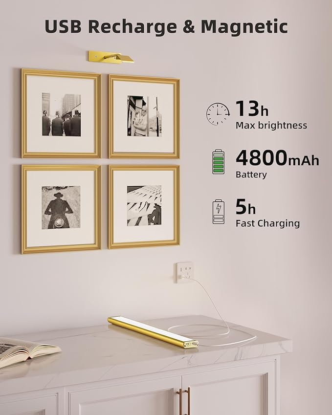 EZVALO Picture Light for Wall, 4800mAh Rechargeable Wireless Remote, 13in Dimmable Magnetic LED Art Display Light with 3 Color Temperatures, for Gallery, Living Room, Bedroom, Hallway (Gold)