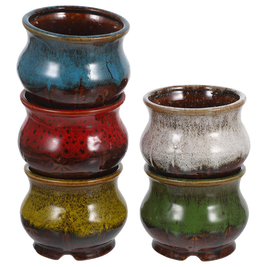 MOBUTOFU 5pcs Mini Ceramic Flower Pots Set for Succulents and Bonsai, Handmade Retro Ceramic Planters with Drainage, Colorful Small Plant Containers for Home, Office, and Garden Décor