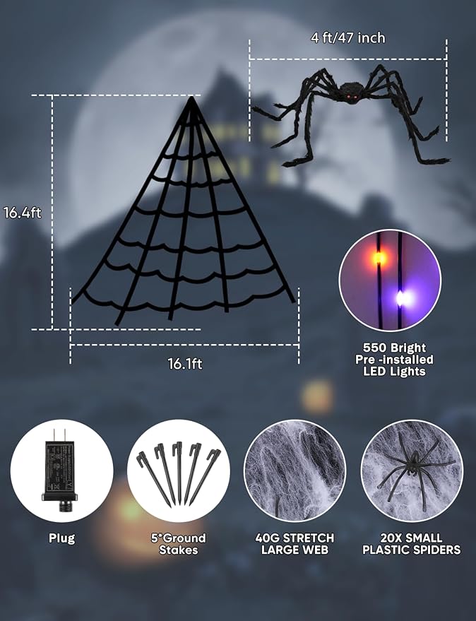 Spider Webs Halloween Decorations Lights - 550 LEDs Outdoor Giant Halloween Decor Lights with16.4ft,4ft Spider,8 Modes,Waterproof&Timer for Yard Porch Garden,Outside Party (with Spider)
