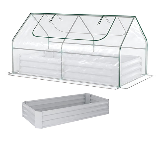 6x3 ft Raised Garden Bed with Greenhouse Cover & Roll-Up Windows, Light Gray Galvanized Steel Planter for Vegetables, Dual-Use Raised Bed & Mini Greenhouse with Good Drainage & Ventilation