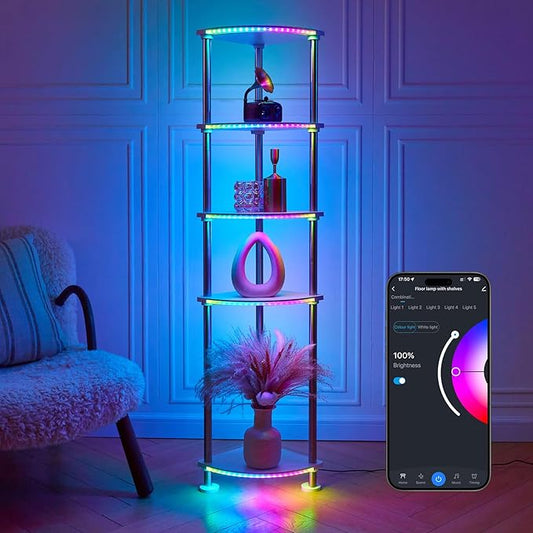 Floor Lamp with Shelves Height Adjustable Music Sync LED Corner Floor Lamp with Charging Stationl Dimmable and Timing RGB Standing Lamp for Christmas Gifts White 5-Tier