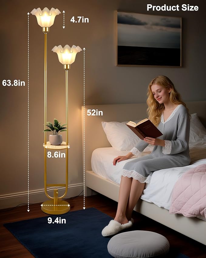 Lightdot Dimmable Flower Floor Lamp with Table for Living Room, Modern Mid Century Gold Metal Tall Standing Lamp for Bedroom/Sofa Beside/Corner Decor (Bulb Included)