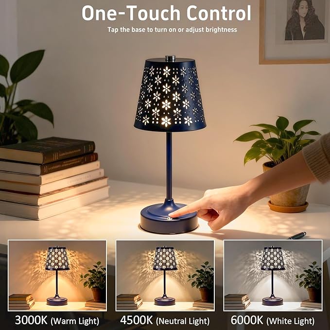 Rechargeable Cordless Table Lamp, Touch Control Battery Powered Bedside Lamp with Floral Cutout Shade, 3 Color Stepless Dimmable Decorative Nightstand Lamp for Bedroom (Navy Blue)
