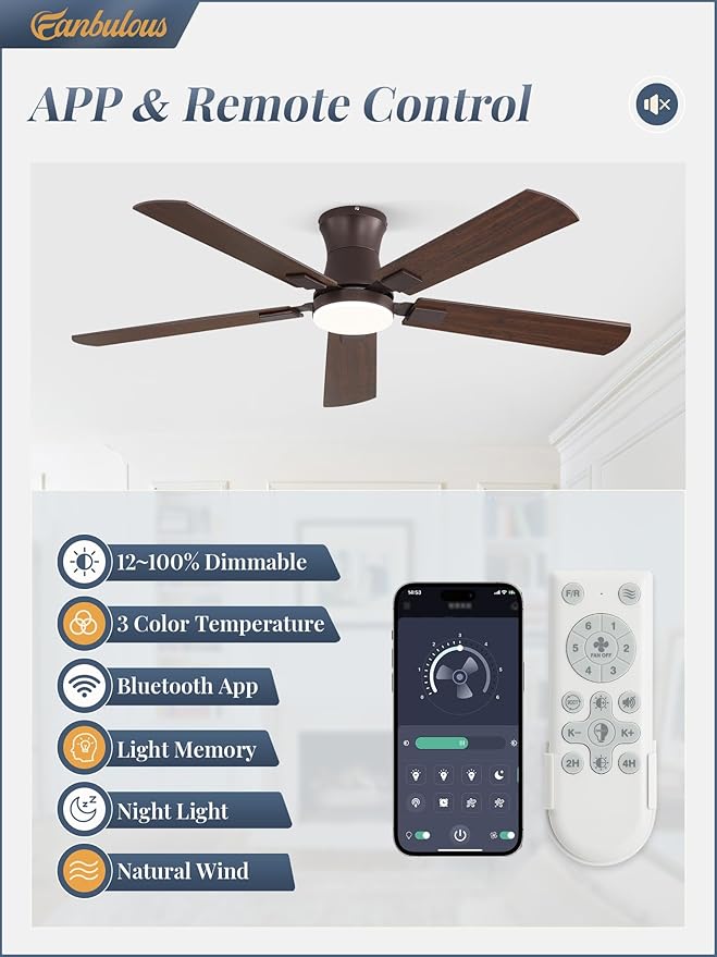 Fanbulous 52 inch ceiling fan with light, Low Profile Ceiling Fan with Light, App&Remote Control, Dimmable LED Light, Flush Mount Ceiling Fan for Indoor Bedroom Living Room, Qiuet DC Motor