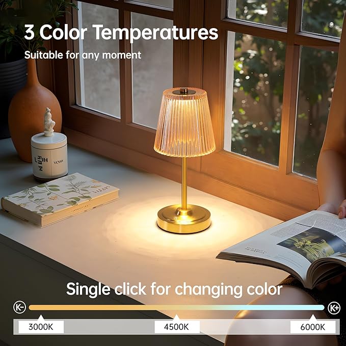 Cordless Touch Table Lamp with 5200mAh Battery - 3 Adjustable Color Temperatures & Dimmable, Rechargeable Desk Lamp for Bedroom, Living Room, Office, Entryway, Bookshelves (Amber Stripe)