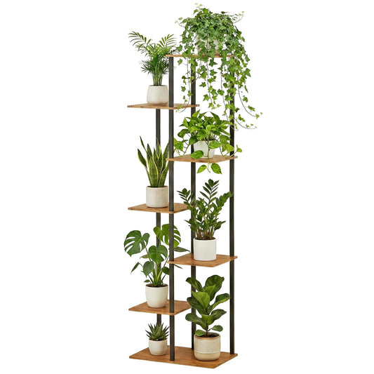 JEPRECO Plant Stand Indoor 7 Tier 8 Potted Metal Wood Plant Shelf, Multiple Flower Pots Corner Tall Plant Holder Stands for Living Room Balcony Bedroom, Rustic Brown
