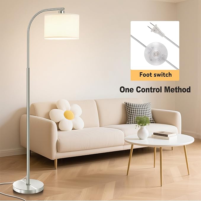 Floor Lamp for Living Room,65'' Modern Standing Lamps with 9W LED Bulb,Silver Tall Floor Light with Fabric Shade,3 Color Temperatures Tall Lamp for Bedroom Office Study Room Corner Dining Room