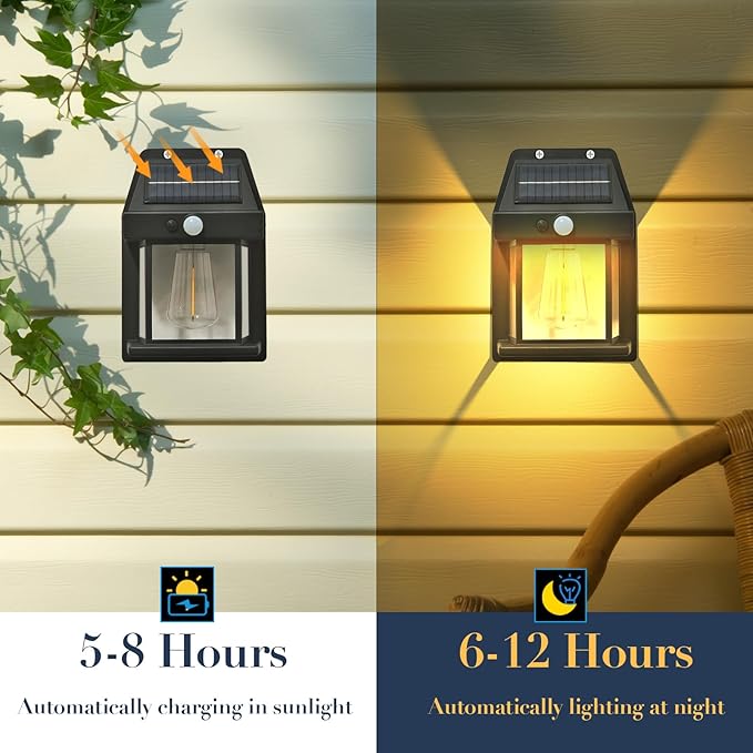 2-Pack 8.2" H Outdoor Solar Powered Wall Sconce Lights Dawn to Dusk Motion Sensor 3 Lighting Modes for Porch Garage House Patio Shed Barn Door Yard Outside Decorative Waterproof -Black.