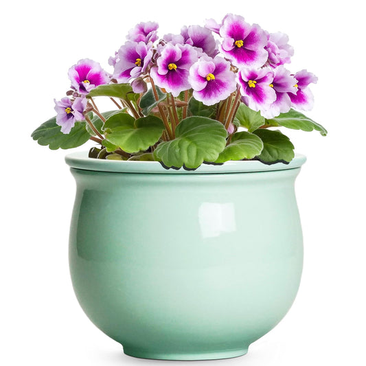 Teagas 6 Inch African Violet Pots, Ceramic Self Watering Planter with Absorbent Inner Pot, Round Pots for Indoor Plants Outdoor, Ceramic Flower Pot, Office Decor, Plant Lover Gifts, Mint Green