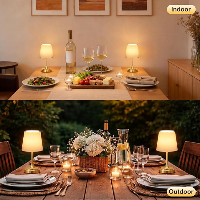 Small Cordless Table Lamp Rechargeable,5000mAh Battery Operated Desk Lamp,3 Colors & 7 RGB Stepless Dimmable,Touch Ambient Light for Bedside,Bedroom,Dining Room,Living Room,Gold,WhiteShade