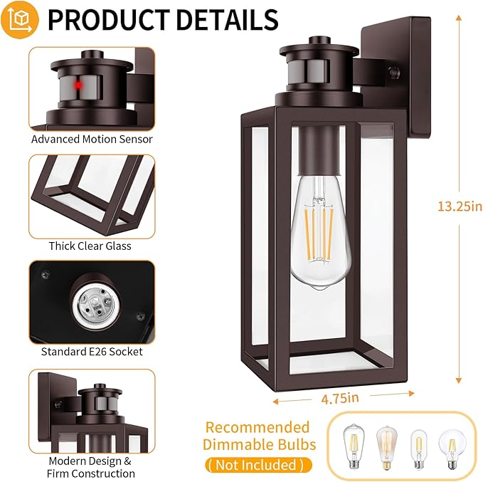 TOBUSA 2-Pack Motion Sensor Outdoor Wall Lights, Waterproof Dusk to Dawn Exterior Wall Light Fixtures, Modern Brown Outside Porch Lights for House Garage, Motion Sensor Wall Lanterns with Clear Glass