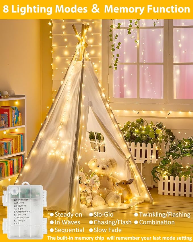 6 Pack 100LED Christmas Battery Operated Fairy Lights with Remote, 8 Modes String Light with Timer, Dimmable, Memory Function, Waterproof Twinkle Lights for Outdoor Indoor Christmas Decor(Warm White)