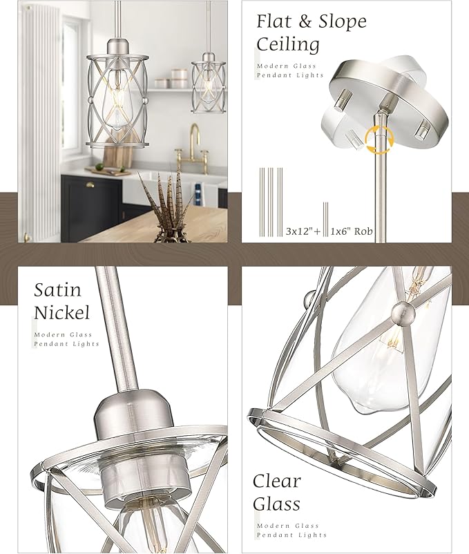 Brushed Nickel Pendant Lights Kitchen Island 3 Pack, Glass Kitchen Pendant Lighting Over Island with Rod, Modern Mini Hanging Light for Kitchen Sink Dining Room, CH9176BN-3PK