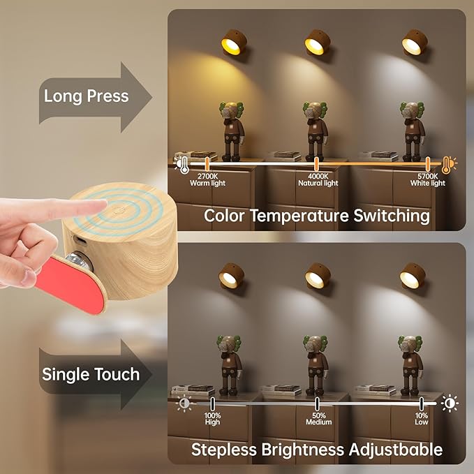 3PACK Romote LED Wall Sconce - Rechargeable Wall Light, 3 Colors & 3 Brightness Levels, 360° Magnetic Rotating Head, Bedside Reading Lamp, Easy Install Battery Operated Lamp Wood