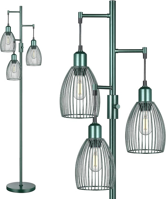 Torondo Dimmable Industrial Floor Lamps for Living Room, Green Tree Standing Tall Lamps with 3 Elegant Teardrop Cage Head & 800 Lumens LED Bulbs for Bedroom Office