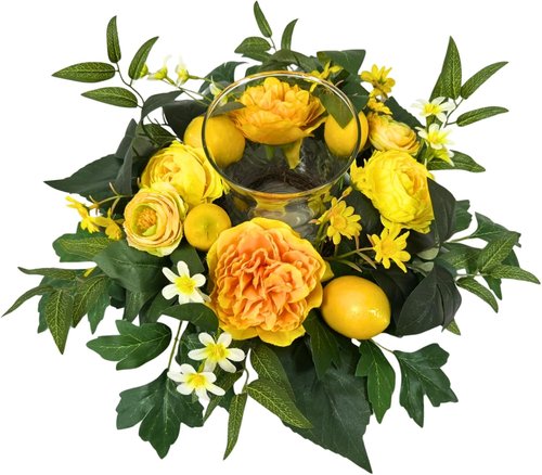17 Inch Lemon Floral Centerpiece | Skiennix Glass Hurricane Candle Holder & Yellow Peony Wreath for Dining Table Decor