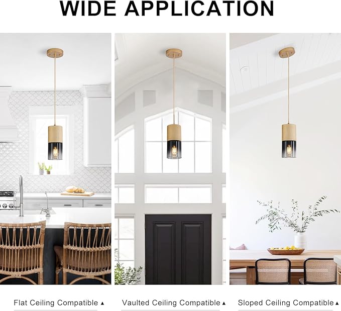 2-Pack Gold Pendant Light Fixtures, Adjustable Modern Black Pendant Lights for Kitchen Island, Industrial Glass Pendant Lights for Dining Table Hallway Bedroom Living Room