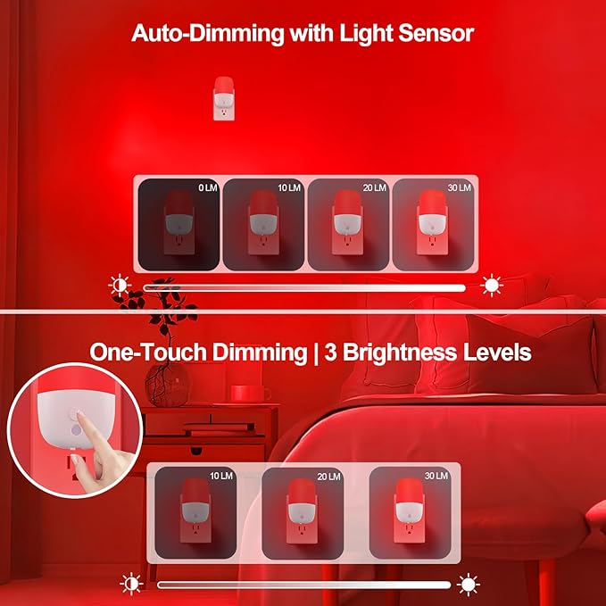 670nm Red Night Light with Retractable Plug [4 Pack] - Zero Blue Light, with Dusk to Dawn Sensor - Auto On/Off 0.3W LED Night Light Plug into Wall Pefect for Bedroom,Bathroom,Nursery,Hallway
