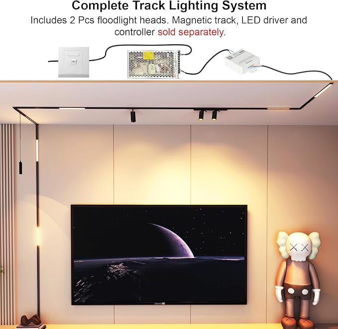 2 Pcs Magnetic Floodlight Track Head, 24V 15W LED Lamp for Track Light, Dimmable Linear Floodlight with APP & Remote Control, Adjustable 3000K-6000K Color Temperature, for Ceiling Lighting