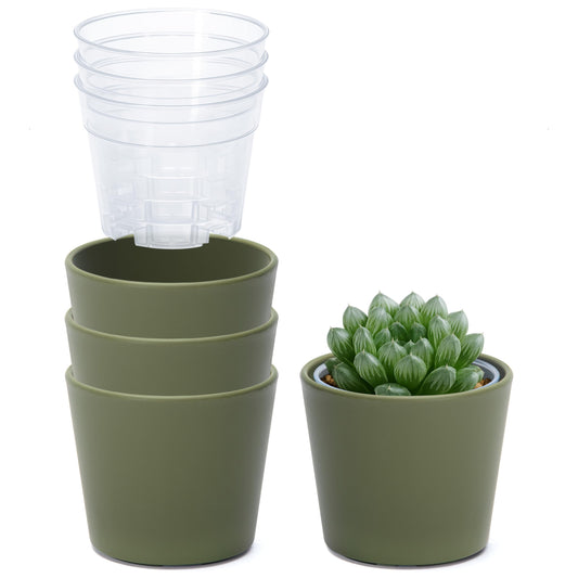 Phoenix Vine 3.5 Inch Olive Plastic Cachepot with Clear Nursery Pot, Decorative Lightweight Planter Cover with Transparent Inner Pot for Indoor Houseplants, Pack of 4, 24-A-F-4
