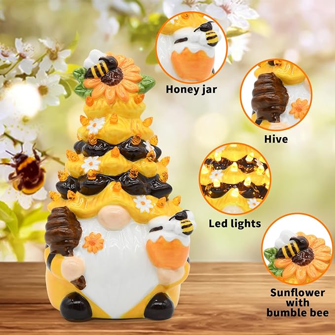 Timer - Spring Bumble Bee Gnomes Decorations Lighted Up Gnome Ceramic Tree, Rustic Farmhouse Kitchen Table Bee Decor, Summer Sunflower Home Decor Gifts
