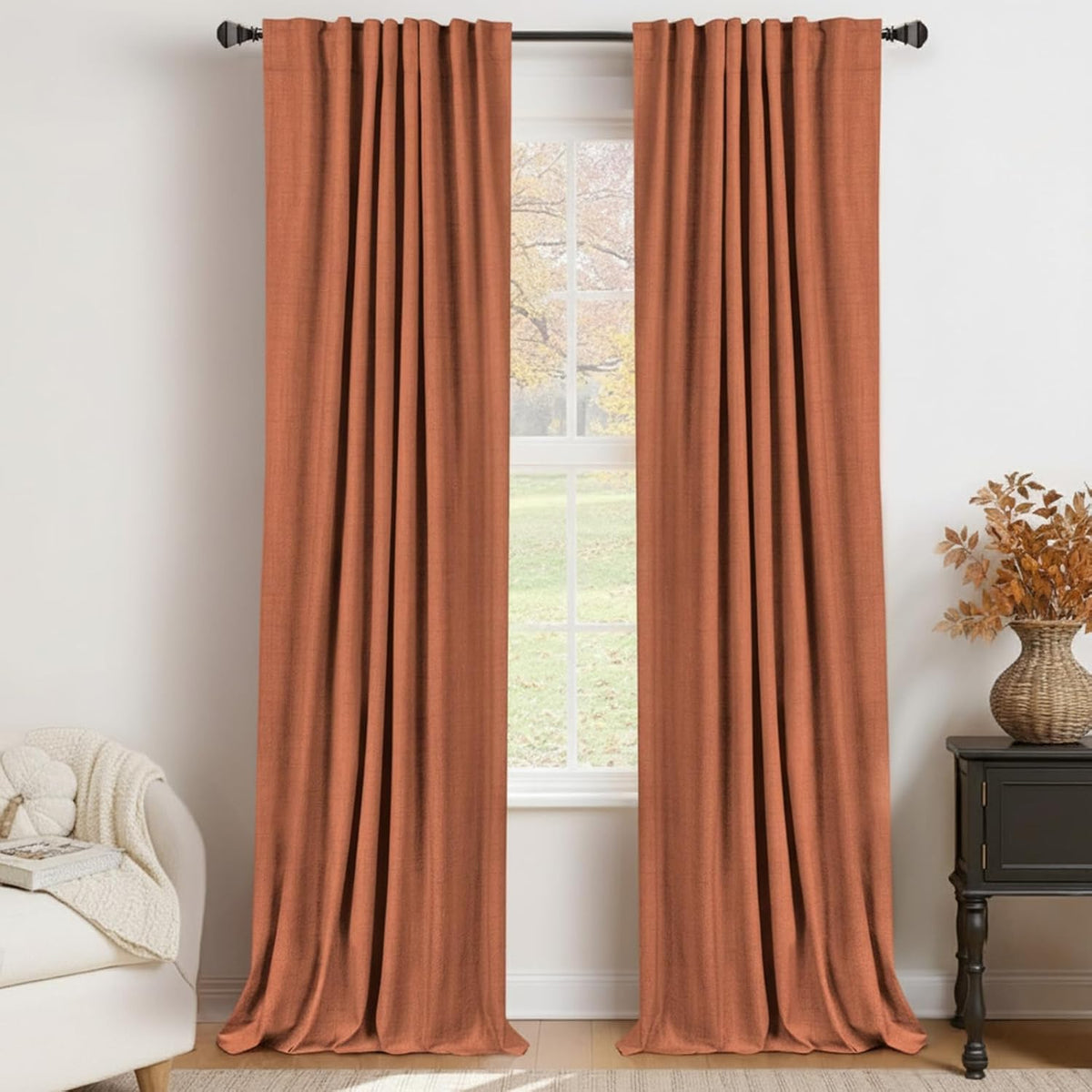 Skiennix 100% Blackout Linen Curtains - Thermal Insulated Drapes for Bedroom | 84" Long, Burnt Orange, 2 Panels Set