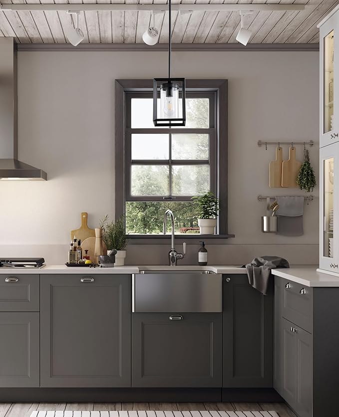 1 Pack Farmhouse Black Kitchen Island Pendant Light Fixture,Height Adjustable Metal Rod Hanging Modern Pendant Lighting with Metal Cage Clear Glass Shade for Entryway Bedroom