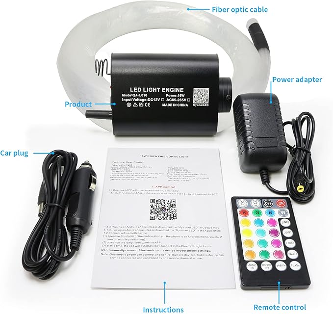 AMKI 16W Fiber Optic Lights,Starlight Headliner Light Kit APP/Remote Control Sound Activated Mode for Car&Home Decoration,Optical Fiber Cable Strands (0.75mm+1mm+1.5mm) 9.8ft/3m Long 415pcs