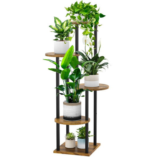 YOCOMEY 5 Tier Wood Tall Plant Stand Metal Rack Indoor, Multiple Flower Pot Holder Shelves Corner Rack, Round Planter Shelf Display Rack Storage Organizer for Patio Living Room Balcony(Black+Brown)
