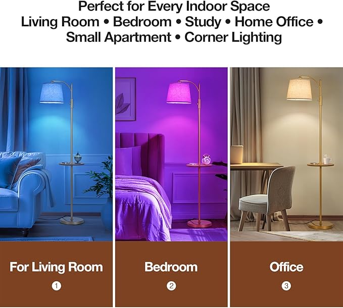 AIDENOEY Smart Floor Lamp with Side Table | Stepless Dimming, RGB Multi-Color | Adjustable Swivel Head | Voice Control with Alexa & Google Assistant |Golden Lamp for Living Room,Bedroom,Home Office