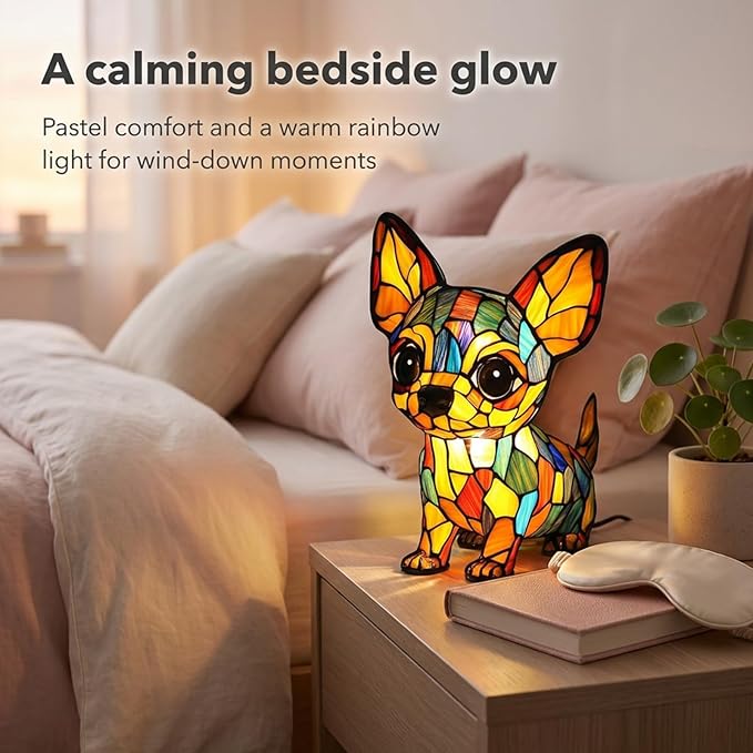 Rainbow Puppy Lamp Stained Glass Dog Night Light 3D Retro Stained Resin Rainbow Pup Lights Charge Powered Table Lamp Puppy Glow Lamps for Home Bedroom Desk (F)