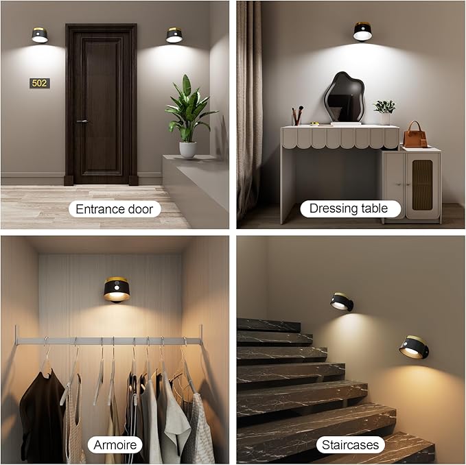 Moobibear Motion Sensor Wall Light Indoor, 3500mAh Rechargeable Battery Operated LED Wall Light, Wall Lamp Wireless with 360 ° Rotation, 3 Color Temperatures for Bedroom, Study, Corridor, Picture