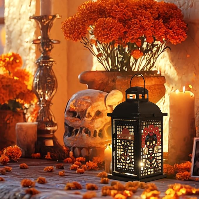 Day of The Dead Decorations, DECORKEY 13.4’’ Decorative Skull Women&Men Candle Lantern with 60" Lights(No Battery), Tabletop&Hanging Lantern for Indoor&Outdoor Yard Altar Table Party Halloween Decor
