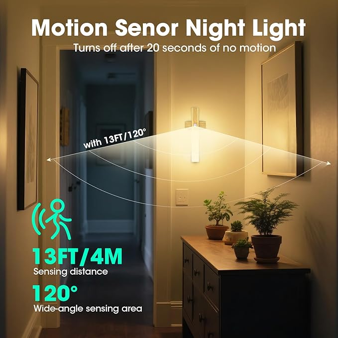 LAVAED Motion Sensor Lights Indoor,LED Rechargeable Battery Operated Wall Sconce Magnetic Stairway Night Light Wireless Portable Decor Lighting for Bedroom, Hallway, Picture,3000K Strip Base 2Pack