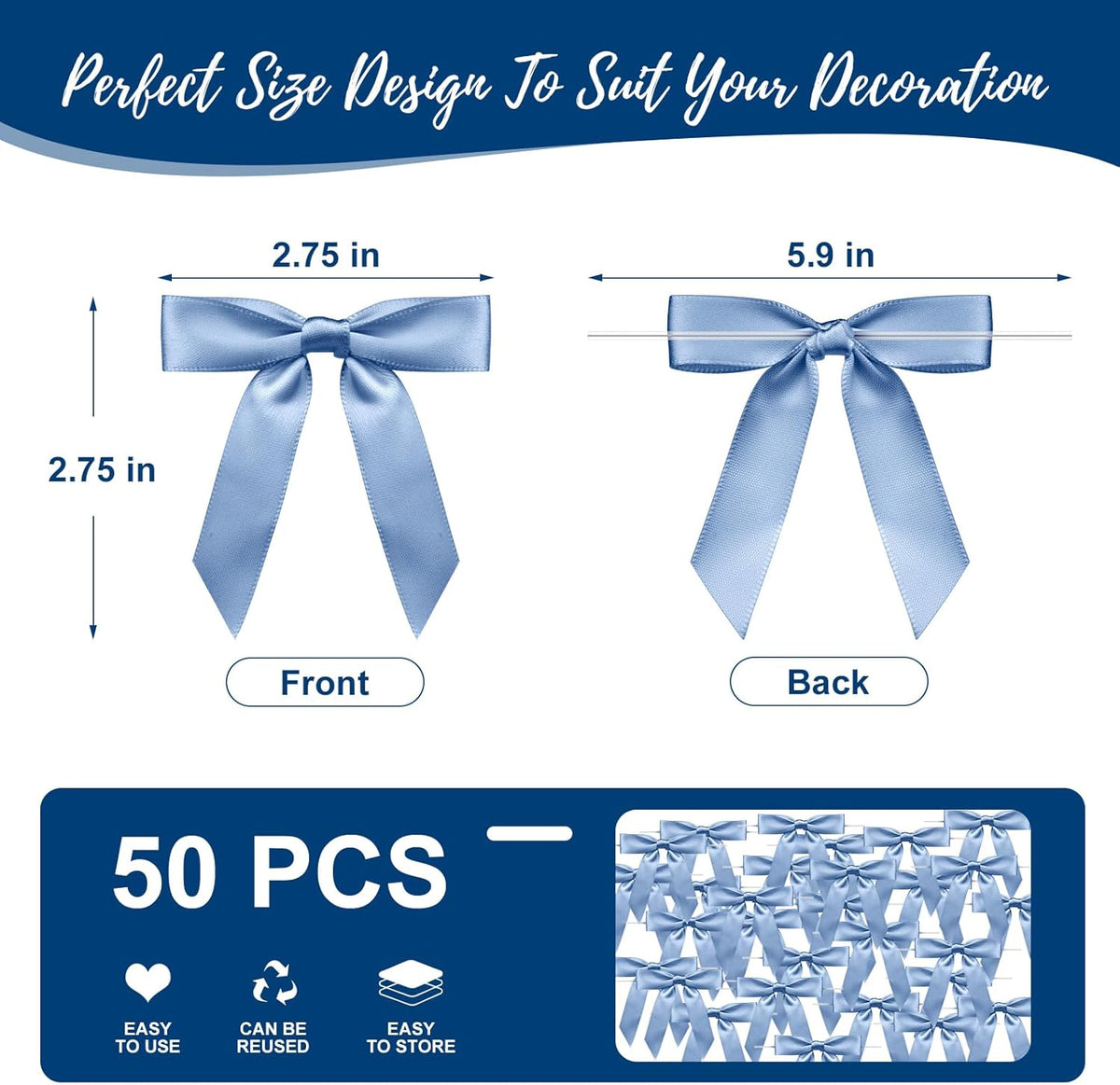 Regine Switzerland Satin Ribbon Dusty Blue Bow Decor - 2.5" Premade Twist Tie Bows for Gifts & Weddings | 50 Count