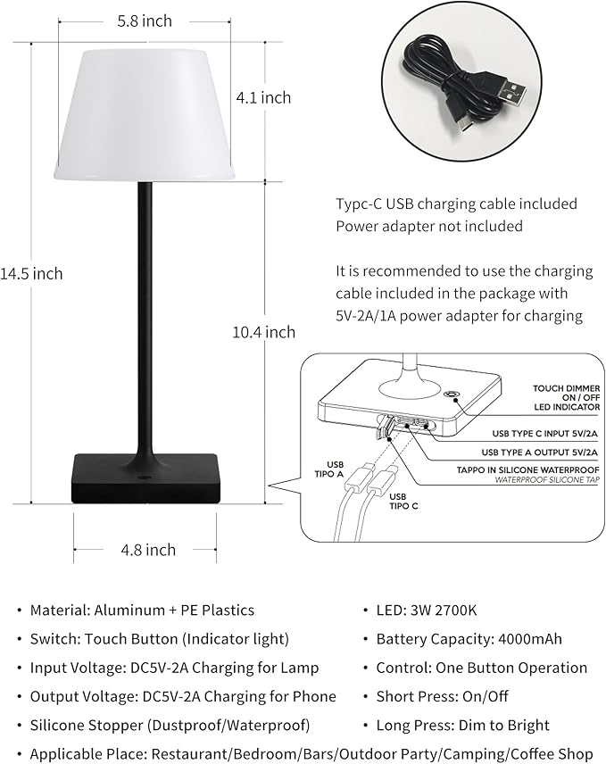 Outdoor Waterproof Cordless Table Lamp, 4000mAh Portable Rechargeable Battery Powered Dimmable LED Touch Table Light, Modern Night Light for Bathroom, Shower, Patio, Bedroom (Black 14.5")