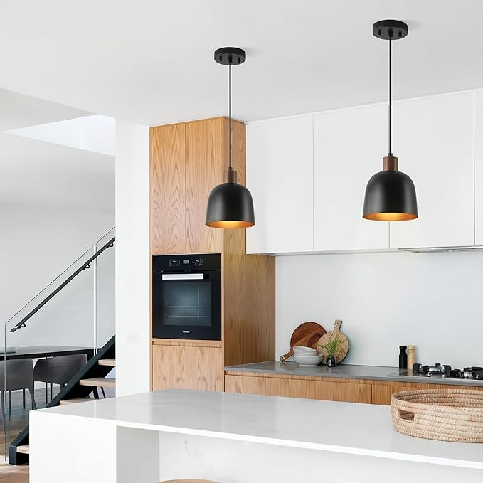 Globe Electric 67000193 1-Light Pendant Lighting, Matte Black, Wood-Toned Accent on Socket, 5ft Black Fabric Cord, Home Improvement, Kitchen, Living Room, Hanging Ceiling Light