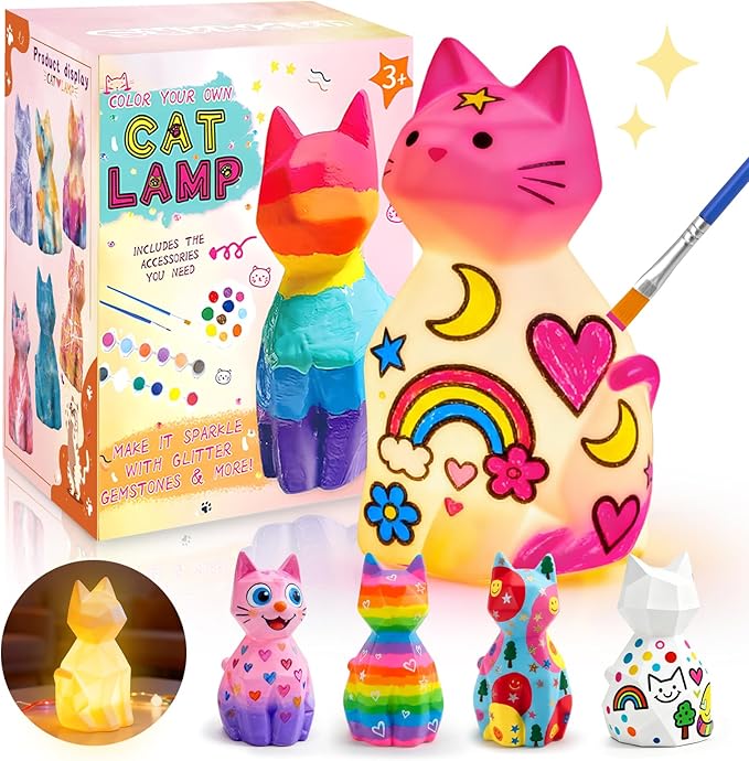 Paint Your Own Cat Lamp Kit, Arts & Crafts DIY Cat Crafts Night Light for Kids Ages 4-8,Art Supplies Party Favor Painting Kit,Christmas Birthday Gifts for Girls Boys Age 4 5 6 7 8 9 10 11 12