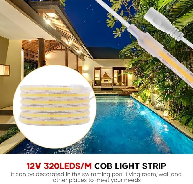12V COB LED Strip Lights 320 LEDs/M IP68 Waterproof Super Bright DC Flexible LED Tape Lights with Power Adapter for for DIY Bedroom Kitchen Home Decor
