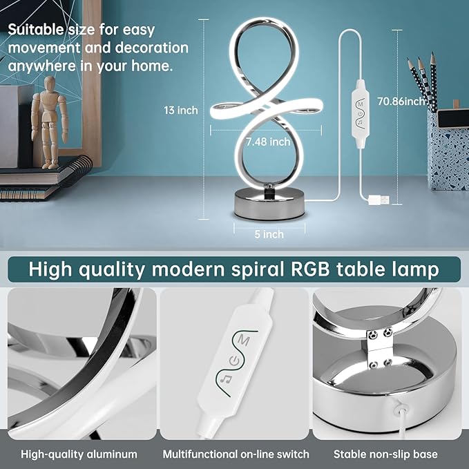 Modern RGB Table Lamps, Multicolor Changing Spiral Bedside Lamp with Remote&APP, Cool Table Lamp, Dimmable LED Nightstand Lamp with Music Rhythm Modes for Bedroom, Living Room, Black(2 Pack)