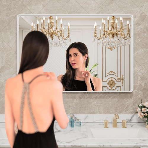 LOAAO White Metal Framed Bathroom Mirror - Large 40x32 Inch Rounded Rectangle, Anti-Rust Tempered Glass, Versatile Hanging Options