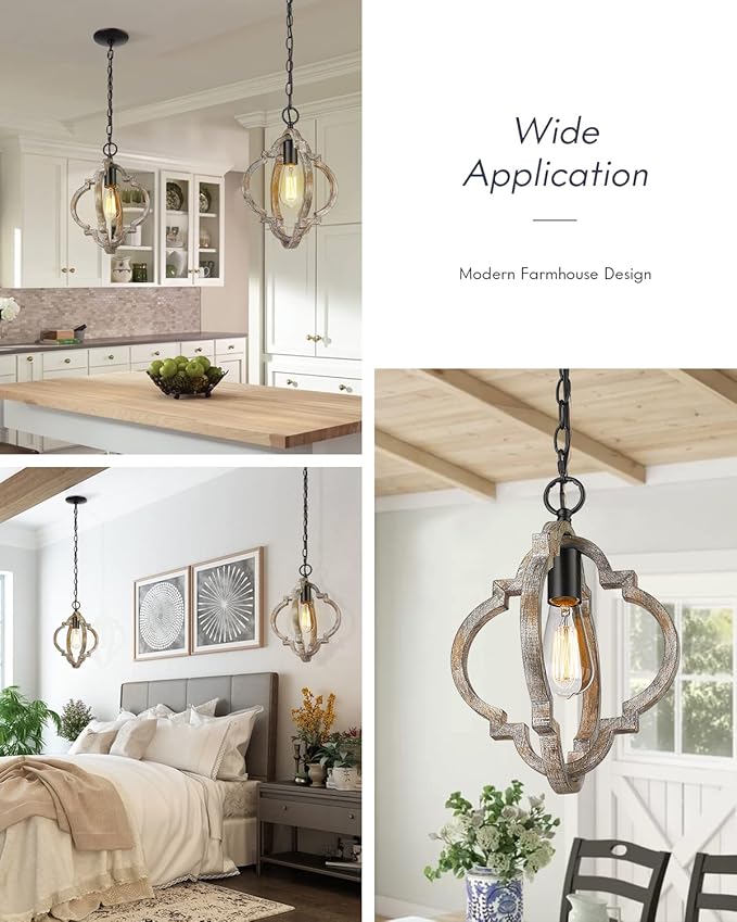 CALDION Farmhouse Pendant Lights, Wood Dining Room Light Fixtures, Adjustable Height Hanging Pendant Lights for Kitchen Island, Foyer, Entryway