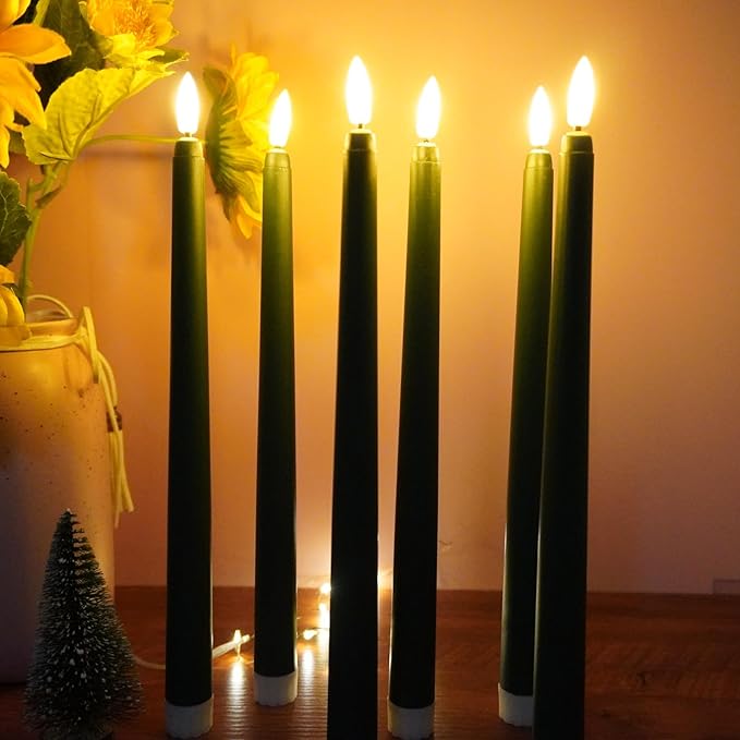 Green Flameless Taper Candles with Remote Timer, Flickering Battery LED Candlesticks Spring Easter Home Decor Set of 12