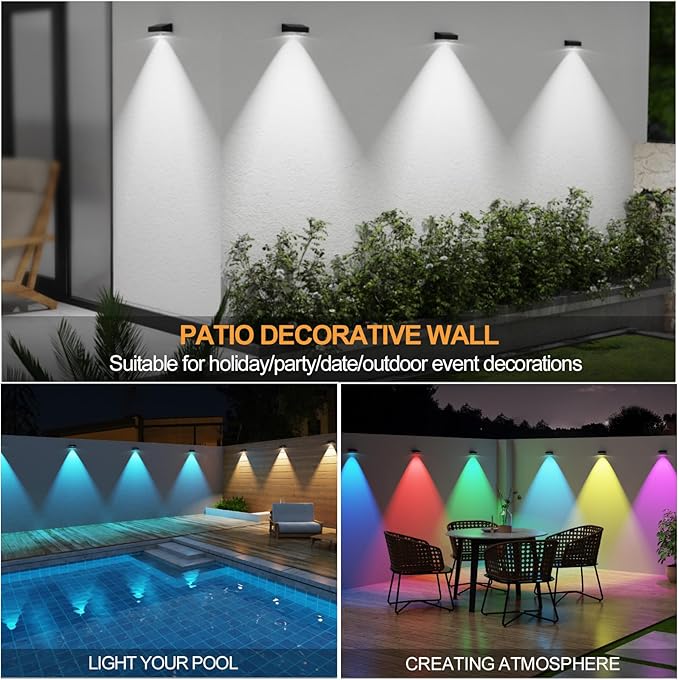 Solar Fence Lights,Fence Lights Solar Powered Waterproof IP65 Multicolor Led 12 Fixed Colors ＆RGB Color Changing for Pool, Deck, Patio, Porch, Stairs, Holiday-4pack